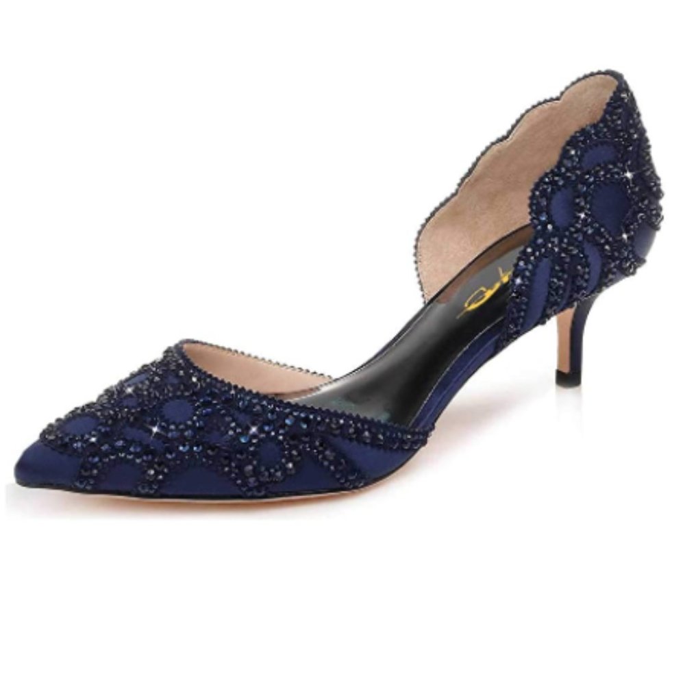 XYD Navy Pointed Toe Low Heel D'Orsay Rhinestone Studs Pump